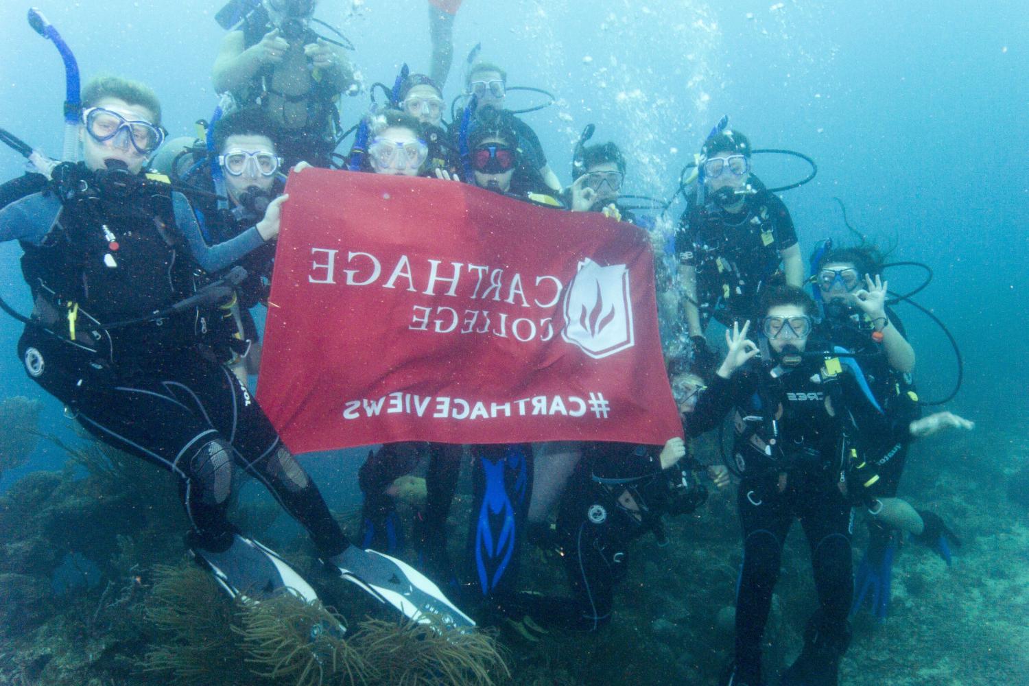 学生们手持<a href='http://i2h8.ngskmc-eis.net'>bv伟德ios下载</a>旗帜，在j学期洪都拉斯游学之旅中潜水.